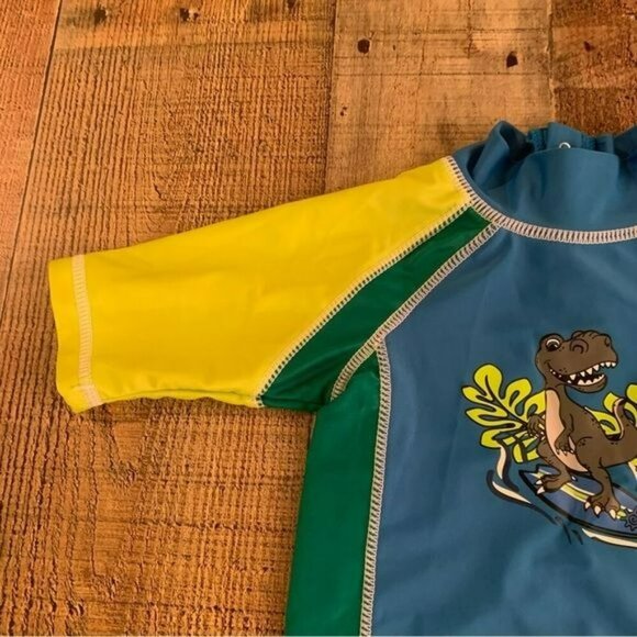 UV skins boys rashguard with surfing dinosaur in blue and green -12/18M - Picture 4 of 8